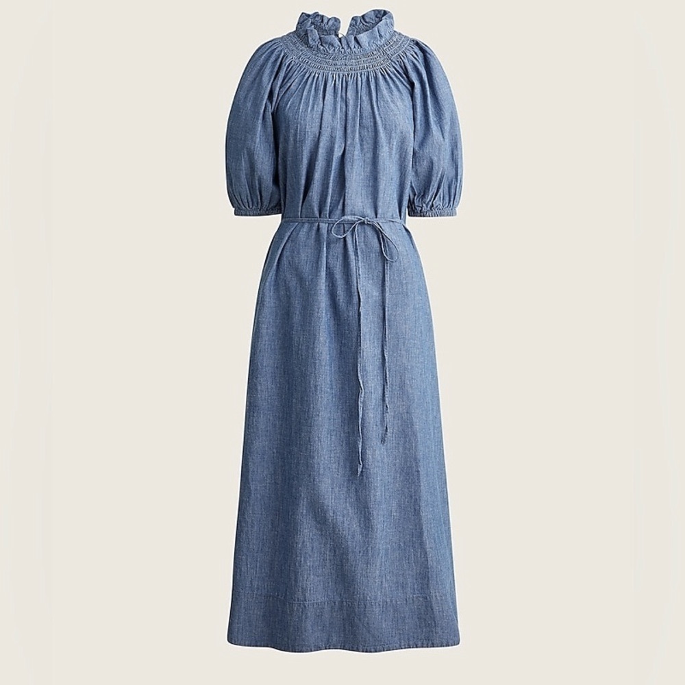 J. Crew Blue Chambray Midi Dress with Smocked Neck